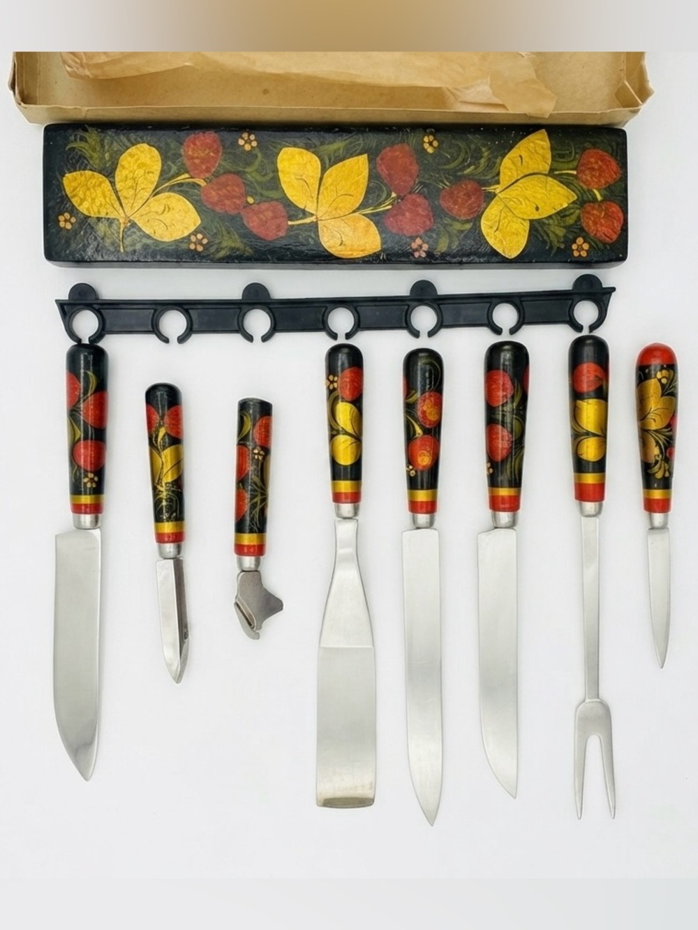Vintage Soviet Khokhloma Kitchen Utensil Knife Set USSR 1985 8-Piece Wood Art